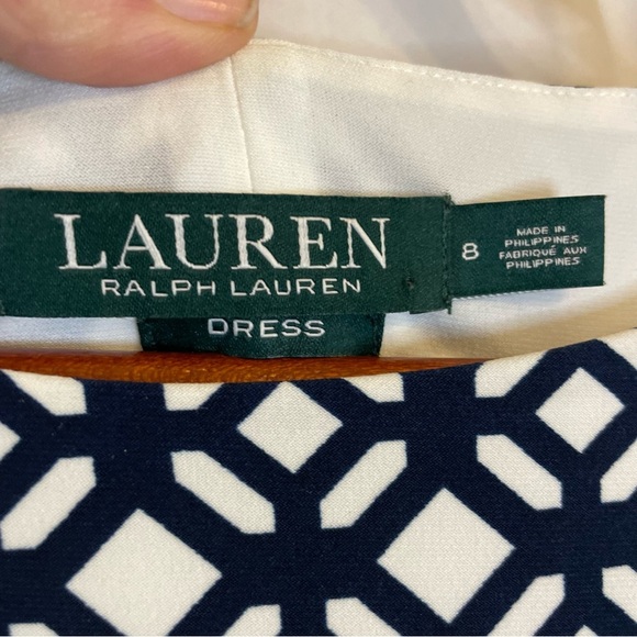 LAUREN RALPH LAUREN Women’s Navy White Geometric Midi Sheath Dress Size 8 - Picture 5 of 12